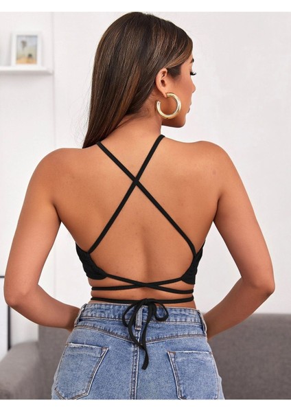 Halter Yaka Çapraz Askılı Siyah Renk Fitilli Crop Top Bluz fiyatları