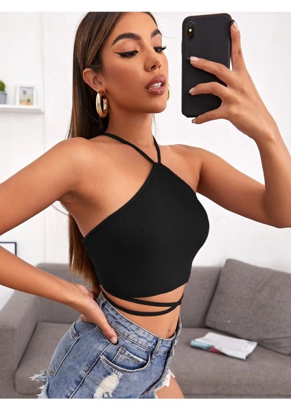 Halter Yaka Çapraz Askılı Siyah Renk Fitilli Crop Top Bluz modelleri