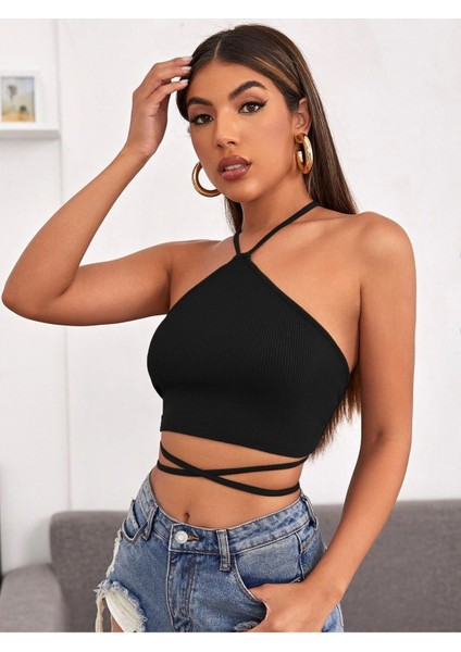 Halter Yaka Çapraz Askılı Siyah Renk Fitilli Crop Top Bluz fırsatları