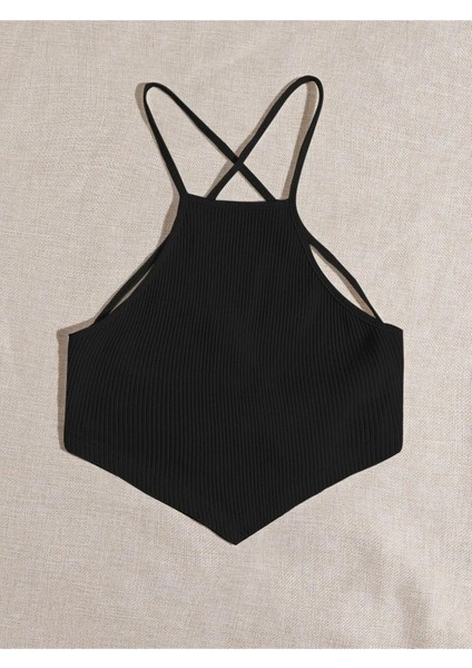 Halter Yaka Sırtı Açık Çapraz Askılı Bağcıklı Siyah Renk Fitilli Crop Top Bluz modelleri