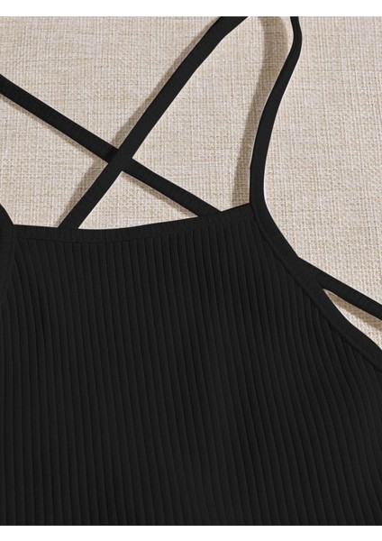 Halter Yaka Sırtı Açık Çapraz Askılı Bağcıklı Siyah Renk Fitilli Crop Top Bluz fırsatları