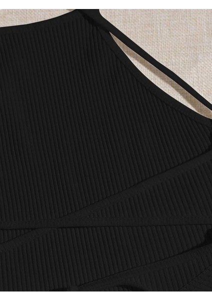 Halter Yaka Sırtı Açık Çapraz Askılı Bağcıklı Siyah Renk Fitilli Crop Top Bluz indirimleri