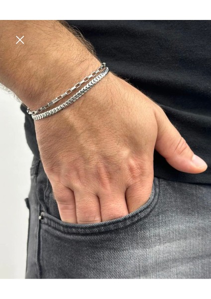 Erkek Ikili Set Çelik Bileklik Gümüş Paslanmaz