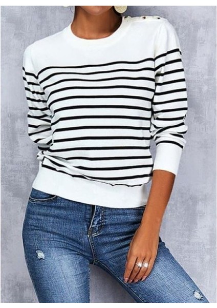 Kadın Uzun Kollu Omuzu Düğme Detay Çizgili Triko Kazak