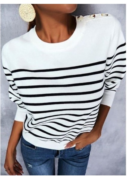 Kadın Uzun Kollu Omuzu Düğme Detay Çizgili Triko Kazak fiyatları