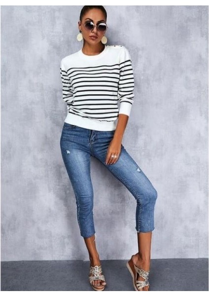 Kadın Uzun Kollu Omuzu Düğme Detay Çizgili Triko Kazak modelleri