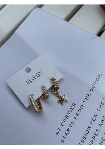 Çelik Gold Taşlı Yıldız Charm'lı 3'lü Küpe Seti