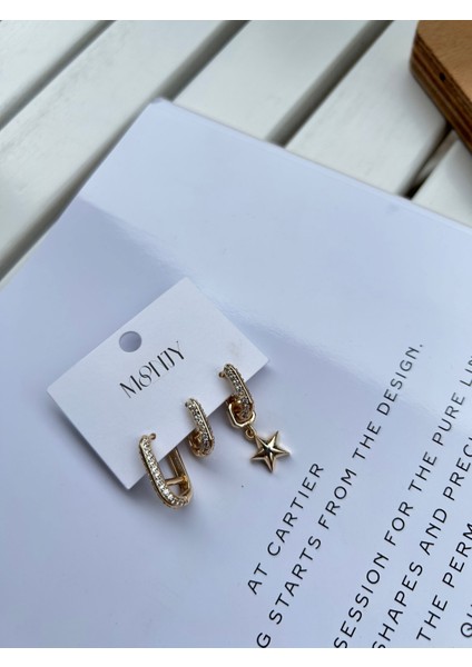 Çelik Gold Taşlı Yıldız Charm'lı 3'lü Küpe Seti