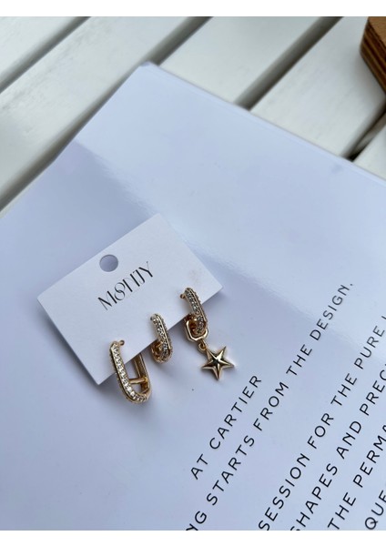 Çelik Gold Taşlı Yıldız Charm'lı 3'lü Küpe Seti