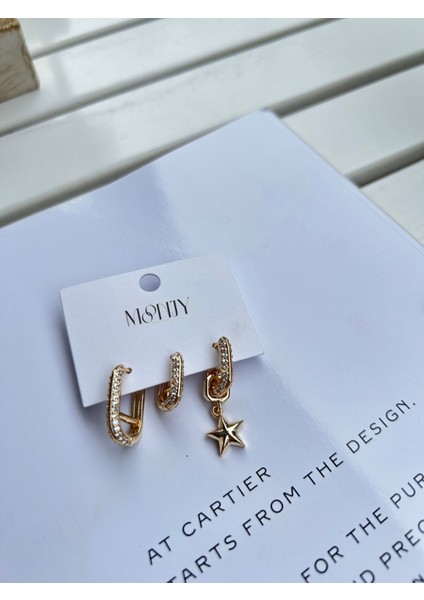 Çelik Gold Taşlı Yıldız Charm'lı 3'lü Küpe Seti