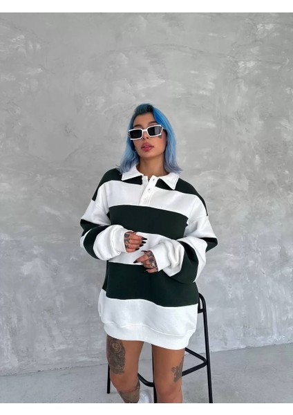 Unisex Üç Iplik Parçalı Yakalı Sweatshirt - Yeşil