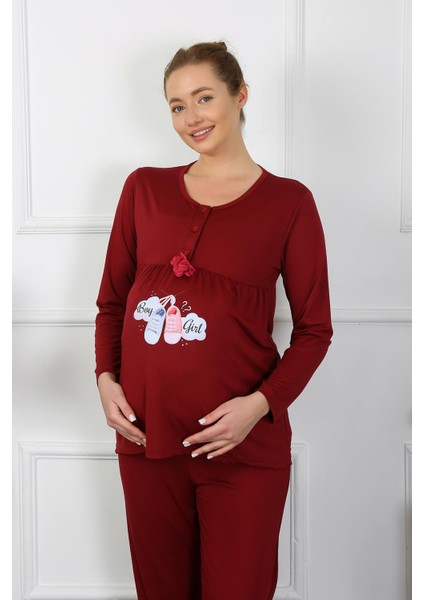 Kadın Uzun Kol Hamile Lohusa Pijama Takımı Bordo 45501 Bordo