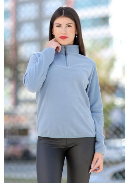 John Borners Kadın Dik Yaka Polar Mavi Yarım Fermuarlı - 7000 fiyatları