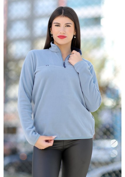 John Borners Kadın Dik Yaka Polar Mavi Yarım Fermuarlı - 7000 modelleri