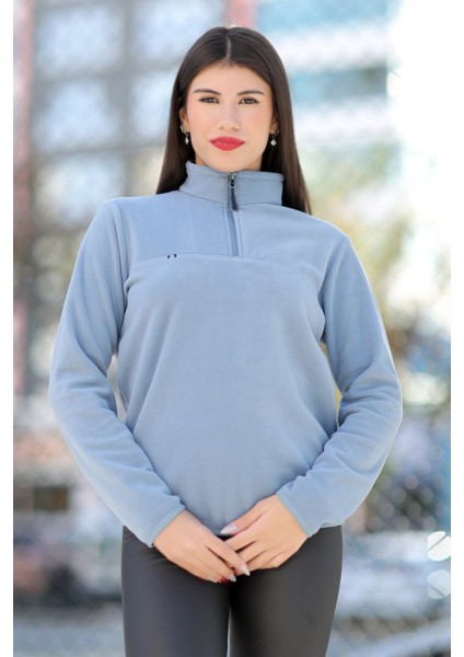 John Borners Kadın Dik Yaka Polar Mavi Yarım Fermuarlı - 7000 fırsatları