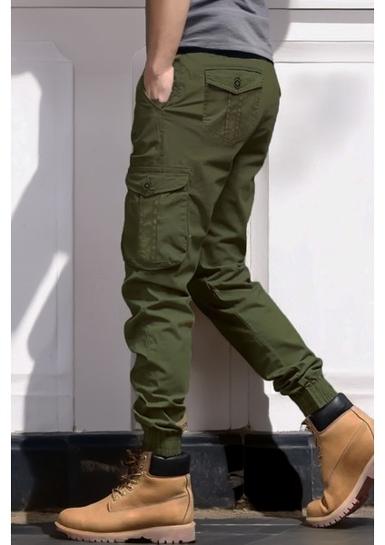Yazlık Gabardin Haki Kargo Pantolon Erkek - Likralı, Paçası Lastikli