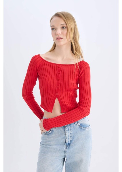 Fitted Açık Omuz Crop Kırmızı Triko Kazak E0727AX24WN