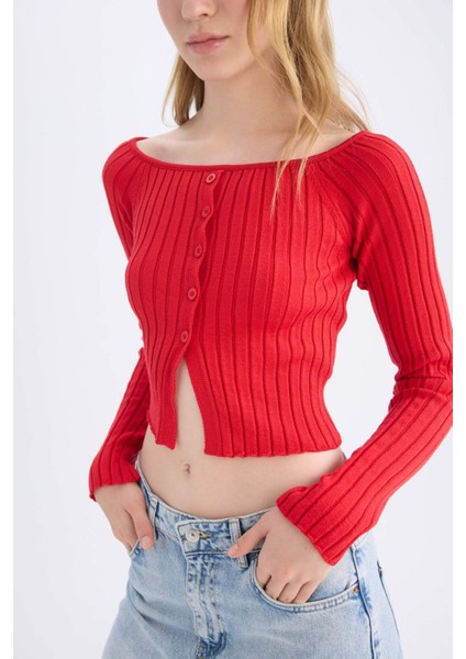 Fitted Açık Omuz Crop Kırmızı Triko Kazak E0727AX24WN