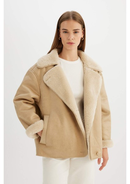 Relax Fit Süet Mont Kruvaze Yaka Düğmeli Mevsimlik Pelüş Astarlı C6655AX24WN