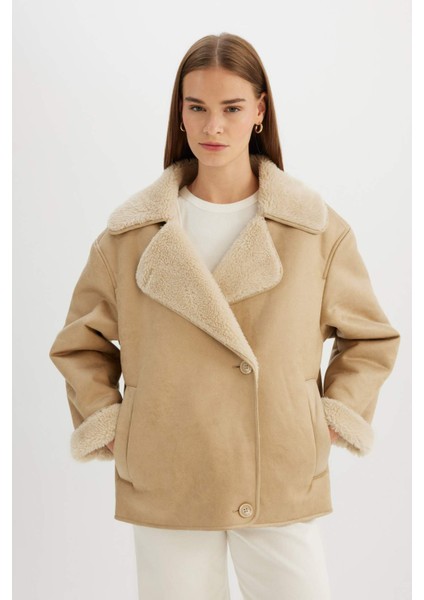 Relax Fit Süet Mont Kruvaze Yaka Düğmeli Mevsimlik Pelüş Astarlı C6655AX24WN indirimleri