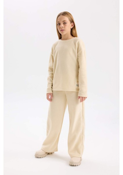 Kız Çocuk Pijama Takımı Polar Bisiklet Yaka Uzun Kollu Basic Düz Üst Uzun Alt D7745A824WN