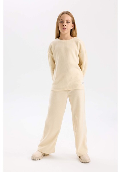 Kız Çocuk Pijama Takımı Polar Bisiklet Yaka Uzun Kollu Basic Düz Üst Uzun Alt D7745A824WN