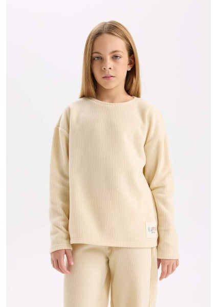 Kız Çocuk Pijama Takımı Polar Bisiklet Yaka Uzun Kollu Basic Düz Üst Uzun Alt D7745A824WN