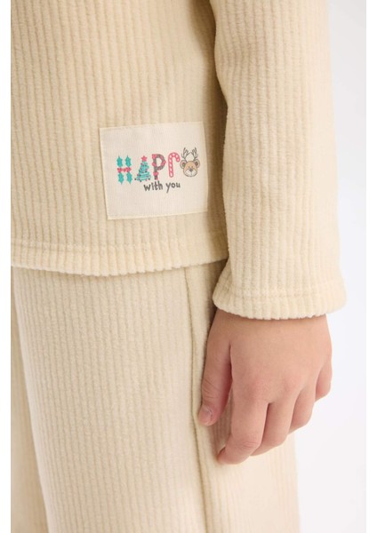 Kız Çocuk Pijama Takımı Polar Bisiklet Yaka Uzun Kollu Basic Düz Üst Uzun Alt D7745A824WN