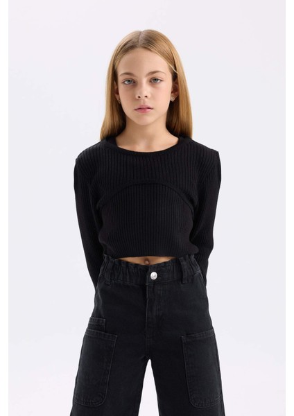 Kız Çocuk Fitted Bisiklet Yaka Triko Siyah Kazak D1393A824WN