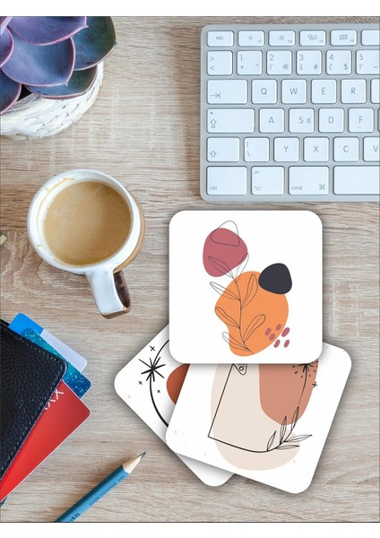 Bohem Ay Kelebek Temalı Ahşap Bardak Altlığı Ahşap Baskılı Altlık 6'lı Set (9 x 9 cm ) KARBONNM26