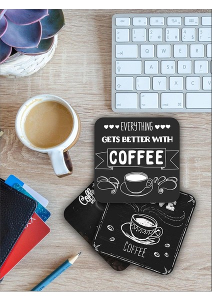 Siyah Kahve/coffee Temalı Bardak Altlığı Ahşap Baskılı Altlık 6'lı Set (9 x 9 cm ) KARBONNM43