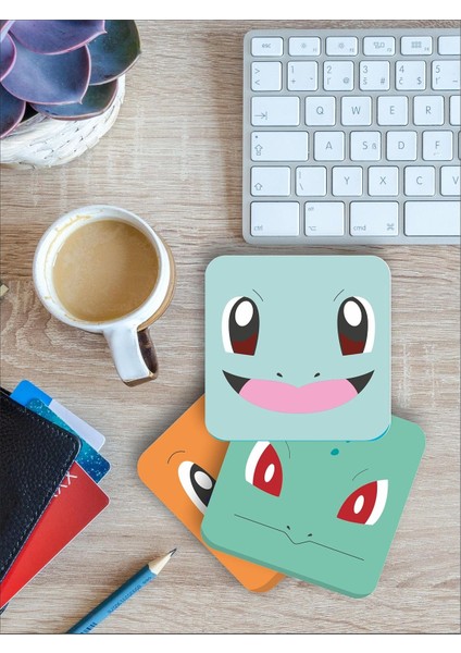 Pokemon Temalı Bardak Altlığı Ahşap Baskılı Altlık 4'lü Set (9 X9CM) KARBONNM51