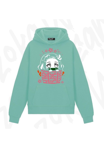 Zoka Wear Cute Nezuko Chan Anime Baskılı Su Yeşili Sweatshirt