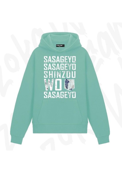 Zoka Wear Attack On Titan Shinzou Wo Sasageyo 2 Anime Baskılı Su Yeşili Sweatshirt