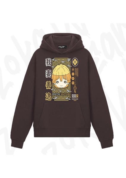 Zoka Wear Demon Slayer Zenitsu Agatsuma V2 Anime Baskılı Kahverengi Sweatshirt