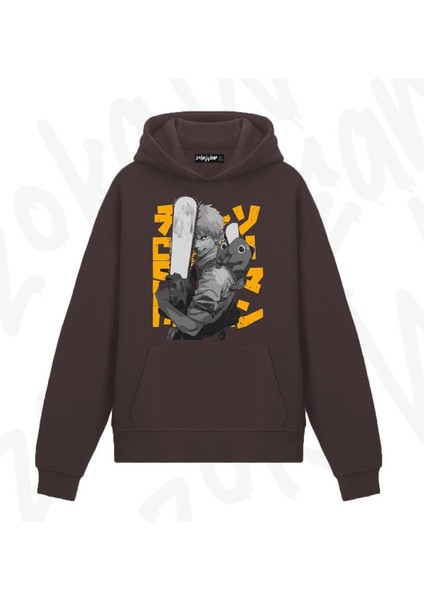 Zoka Wear Chainsaw Man Denji Ve Pochita Özel Anime Baskılı Kahverengi Sweatshirt