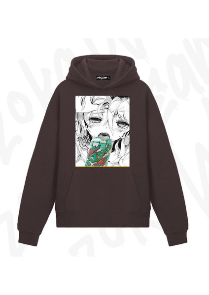 Zoka Wear Can Lewd Hentai Anime Baskılı Kahverengi Sweatshirt