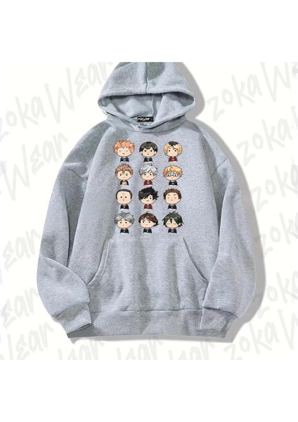 Zoka Wear Haikyuu Anime Baskılı Gri Sweatshirt