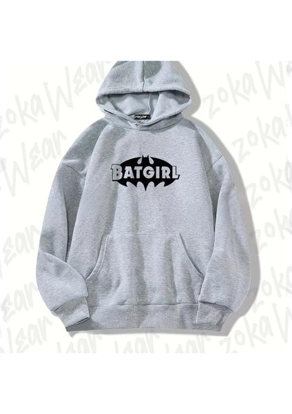 Zoka Wear Gri Batgirl Logo Tasarım Baskılı Kapşonlu Sweatshirt