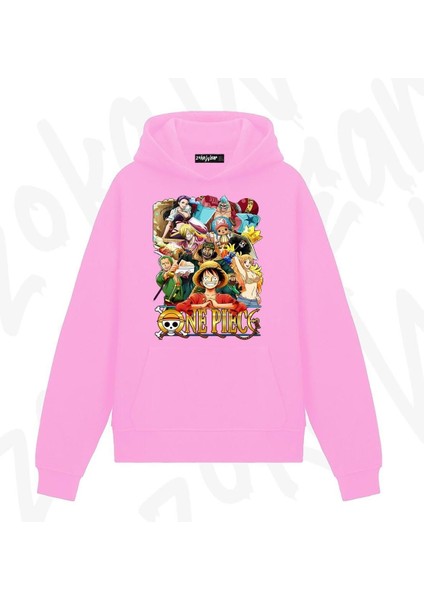 Zoka Wear One Piece Hasır Şapka Korsanları Anim Anime Baskılı Pembe Sweatshirt