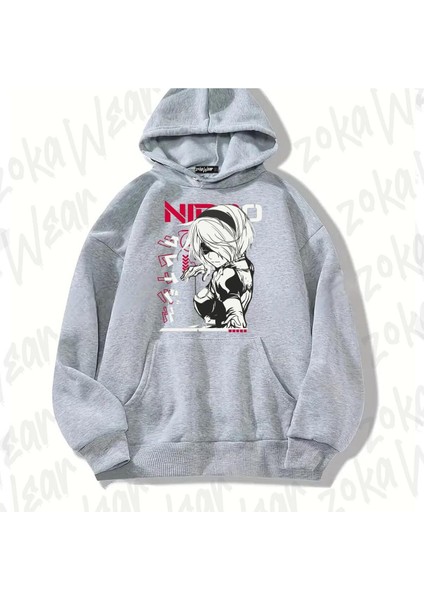 Zoka Wear Gri Nier Automata 2b Tshirt Mask Hoodie Tasarım Baskılı Kapşonlu Sweatshirt