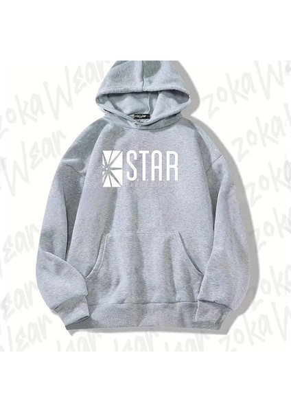 Zoka Wear Gri S.t.a.r. Labs2 Tasarım Baskılı Kapşonlu Sweatshirt