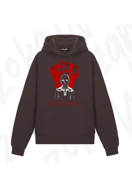 One Punch Man Saitama (Yumruk) Anime Baskılı Kahverengi Sweatshirt