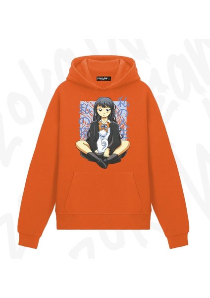 Zoka Wear Japon Çizim Genç Kız ve Evcil Kedisi Anime Baskılı Turuncu Sweatshirt