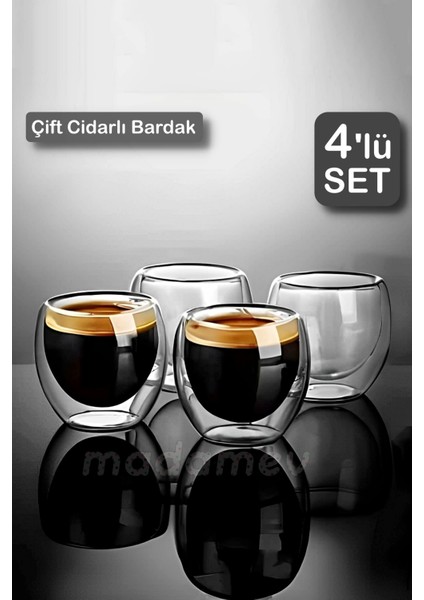 4’lü Çift Cidarlı Bardak Isıya Dayanıklı Espresso Kahve Sunum Bardağı Viski Cam Kupa Bardağı 200ML