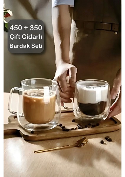 2'li Çift Cidarlı Bardak Seti 350+450 ml Isıya Dayanıklı Espresso Sunum Bardağı Kulplu Kahve Kupası