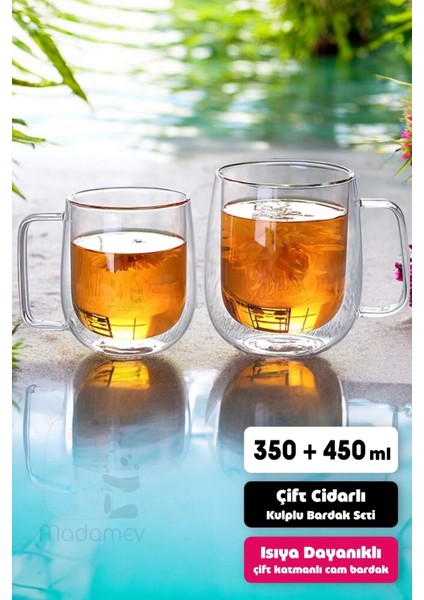 2'li Çift Cidarlı Bardak Seti 350+450 ml Isıya Dayanıklı Espresso Sunum Bardağı Kulplu Kahve Kupası