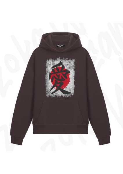 Japanese Love Kanji Anime Baskılı Kahverengi Sweatshirt