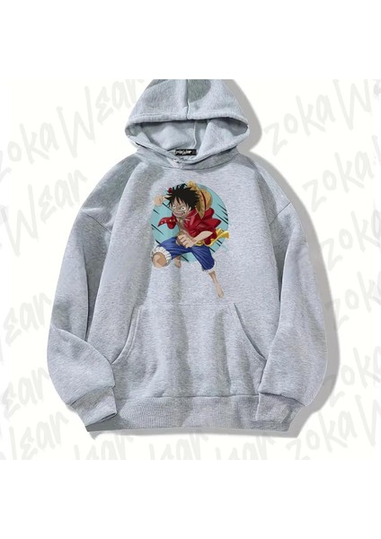 Zoka Wear One Piece Monkey D. Luffy V5 Anime Baskılı Gri Sweatshirt