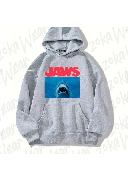 Zoka Wear Gri Jaws Classic Tasarım Baskılı Kapşonlu Sweatshirt